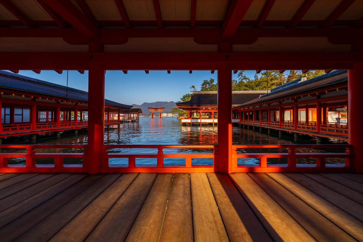The great gate seen from the shrine's vermilion corridor