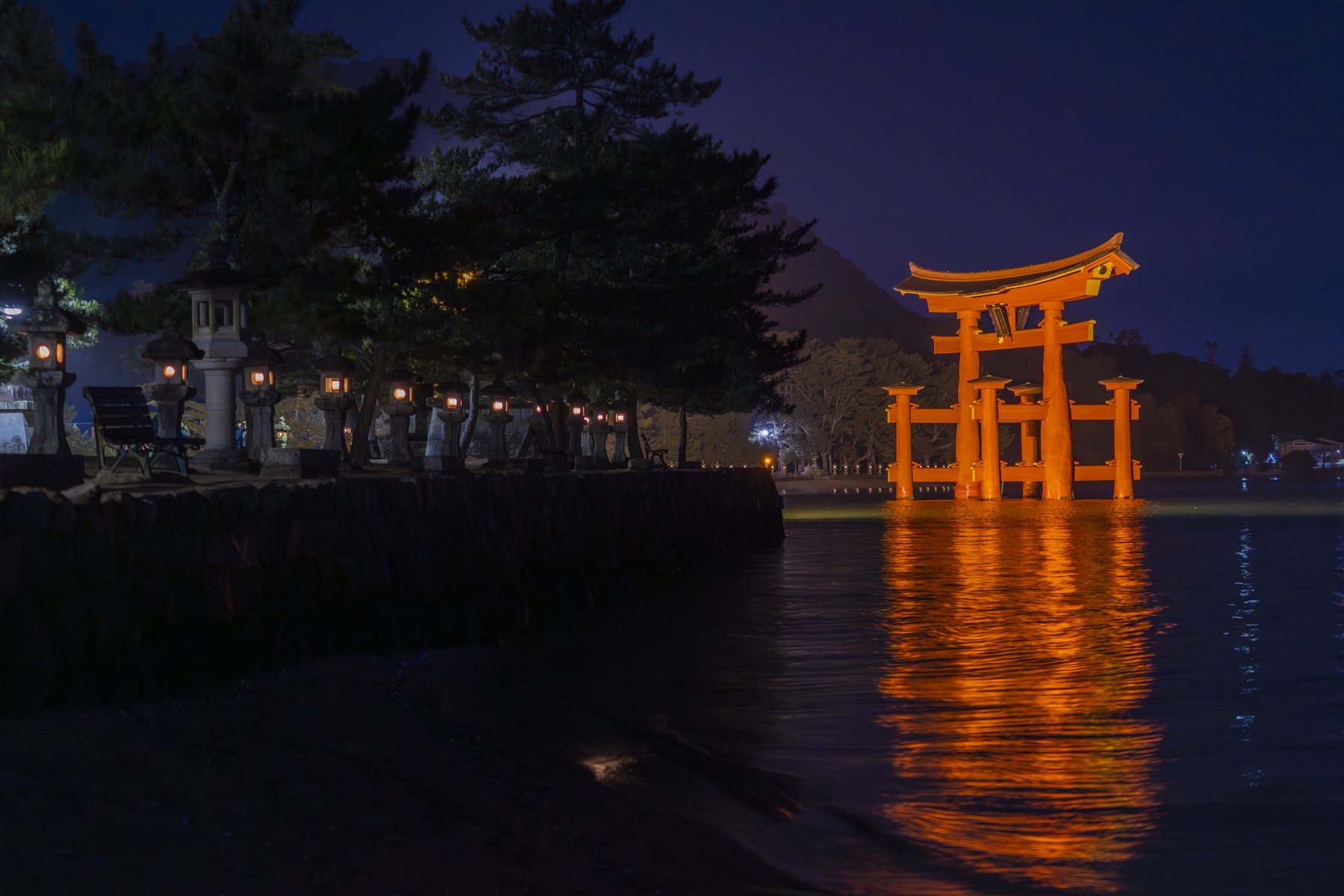 Empty approach of stone lanterns before dawn