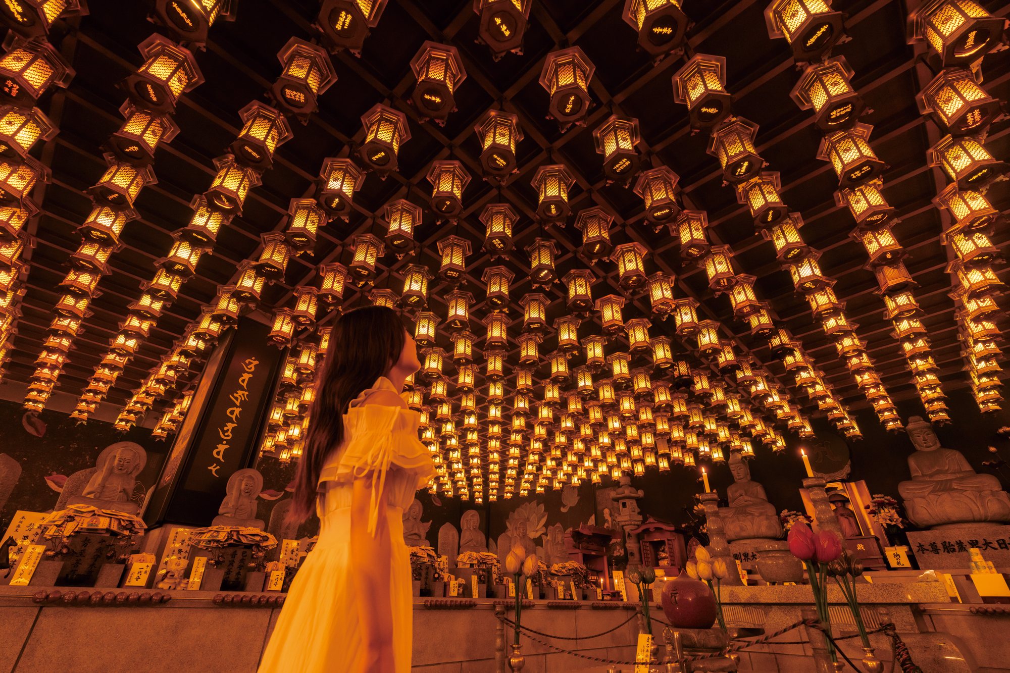 Looking up at a thousand hanging lanterns at Daisho-in's Mando hall