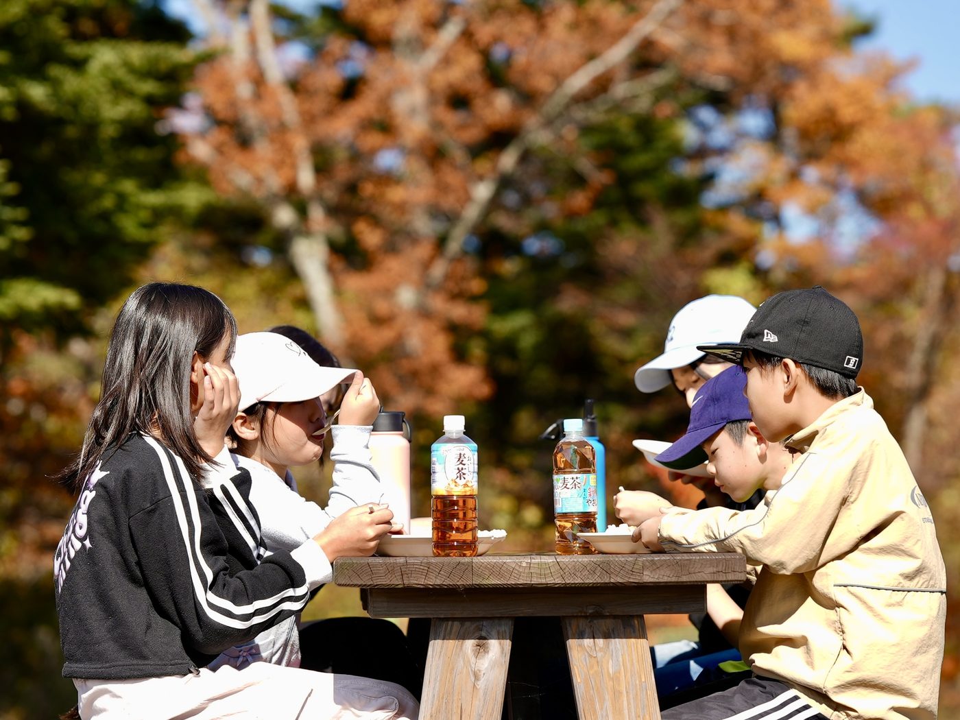 People eating at a wooden table beneath autumn foliage